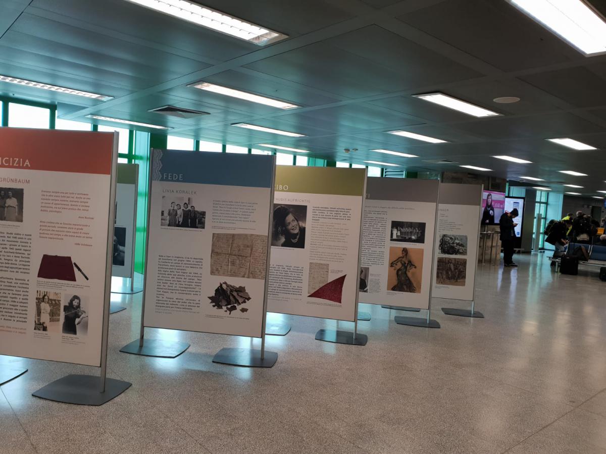 ready2print exhibition &quot;Spots of Light: To Be a Woman in the Holocaust&quot; displayed at Linate Airport, Milan, Italy